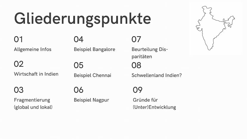 Fragmentierung
in Indien
Eine Entwicklungsbeurteilung
Sind
M
FEEL Gliederungspunkte
04
Beispiel Bangalore
01
Allgemeine Infos
02
Wirtschaft 