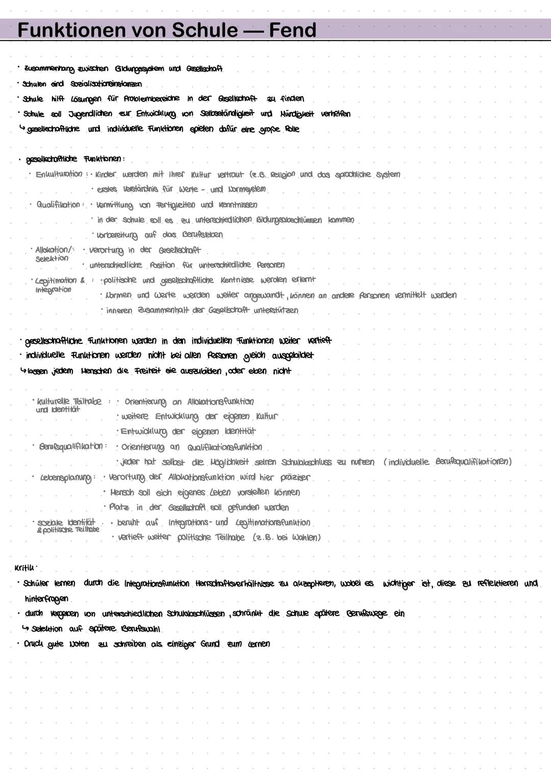 # Funktionen von Schule - Fend

*   Zusammenhang zwischen Gildungssystem und Gesellschaft

*   Schulen sind Sozialisationsinslanzen

*   Sch