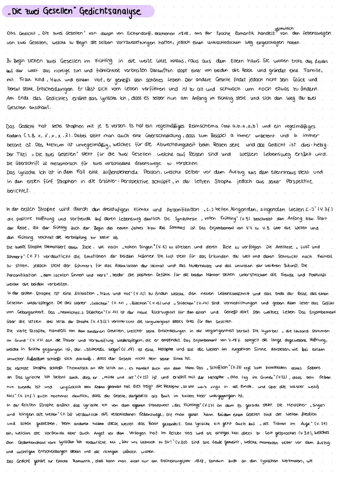 „Die zwei Gesellen" Gedichtsanalyse
vermutlich
Das Gedicht. Die zwei Gesellen von Joseph von Eichendorff, erschienen 1818, aus der Epoche Ro