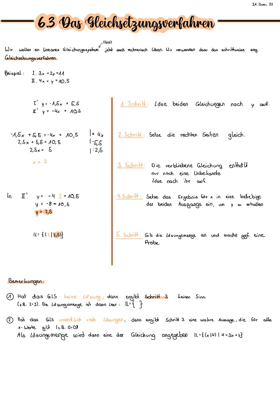 6.3 Das Gleichsetzungsverfahren
(GLS)
Wir wollen ein lineares Gleichungssystem jetzt auch rechnerisch lösen. Wir verwenden dazu das schrittw