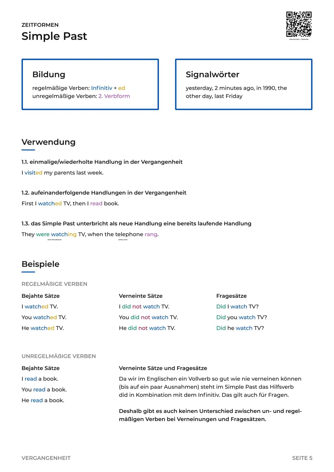 ZEITFORMEN
Simple Past
Bildung
regelmäßige Verben: Infinitiv + ed
unregelmäßige Verben: 2. Verbform
Verwendung
1.1. einmalige/wiederholte Ha