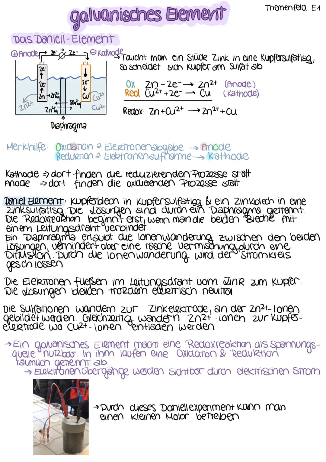 Das Daniell-Element
Anode 22e-Kathode
Zn2+
2e-
galvanisches Element
Zn +2²
Zn²
2e
↓
Cu
・S04² äg
↑
Diaphragma
Cu2+
Merkhilfe: Oxidation
Reduk