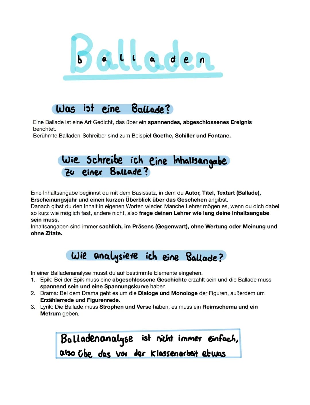 Balladen
Was ist eine Ballade?
Eine Ballade ist eine Art Gedicht, das über ein spannendes, abgeschlossenes Ereignis
berichtet.
Berühmte Ball