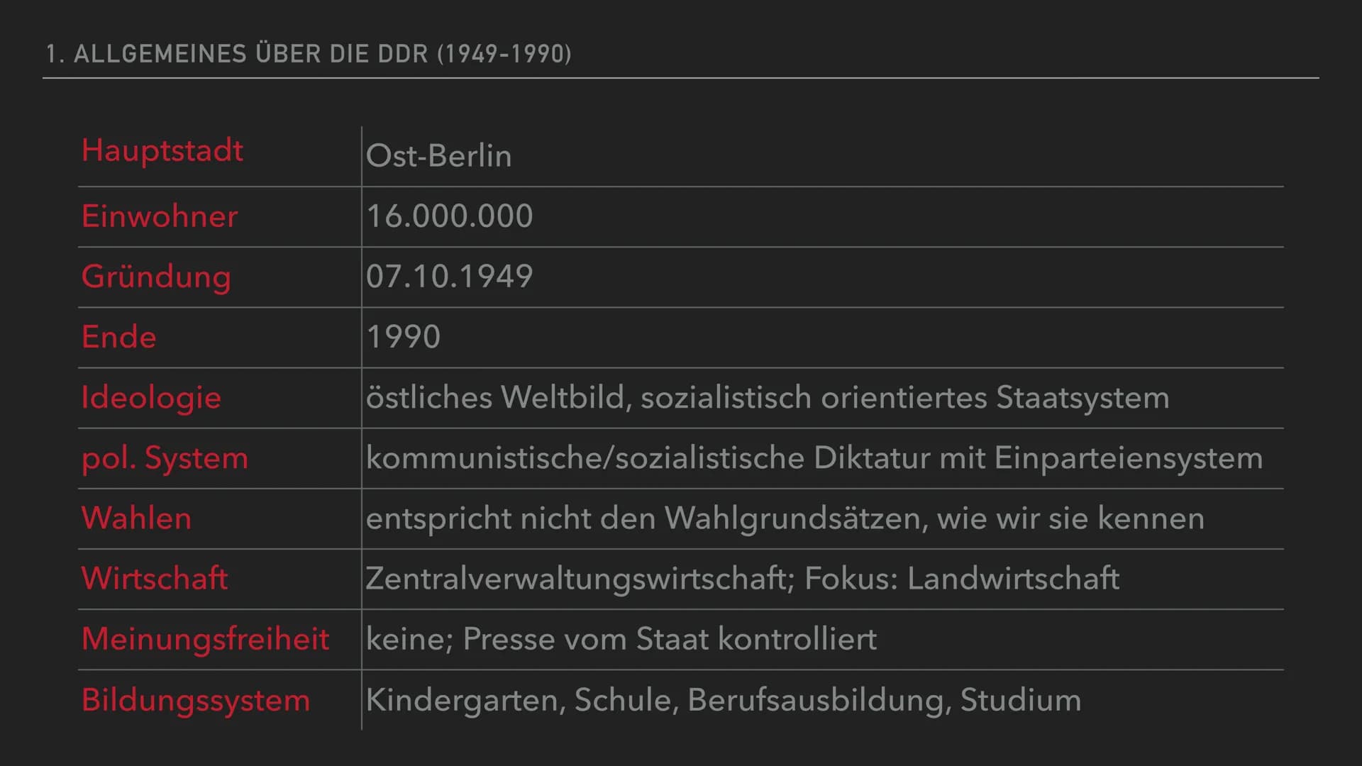 Allgemeines
- Hauptstadt: Ost-Berlin
- Gründung: 10.07.1949
- Ideologie: östliches Weltbild,
Sozialismus
Wahlen: nicht geheim/gerecht
- Mein