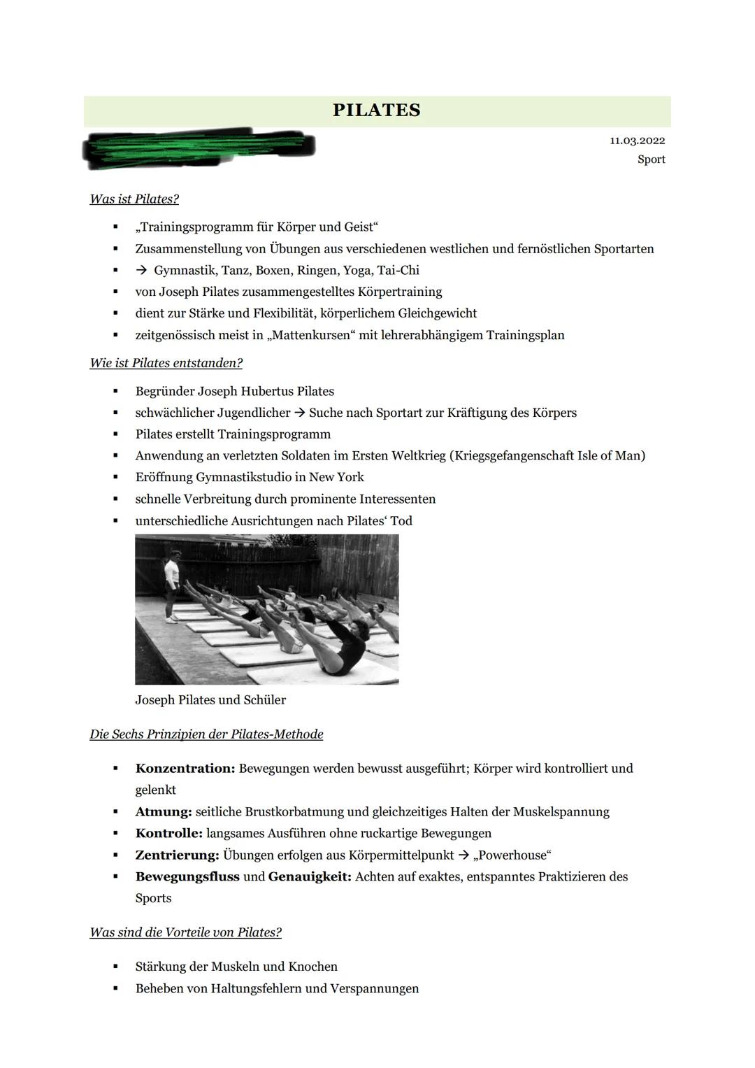 PILATES

11.03.2022
Sport

Was ist Pilates?

*   „Trainingsprogramm für Körper und Geist"
*   Zusammenstellung von Übungen aus verschiedenen