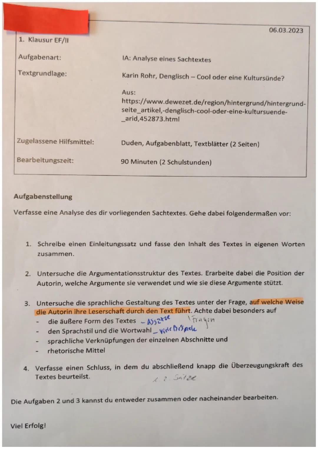 1. Klausur EF/11
Aufgabenart:
Textgrundlage:
Zugelassene Hilfsmittel:
Bearbeitungszeit:
IA: Analyse eines Sachtextes
Karin Rohr, Denglisch-C