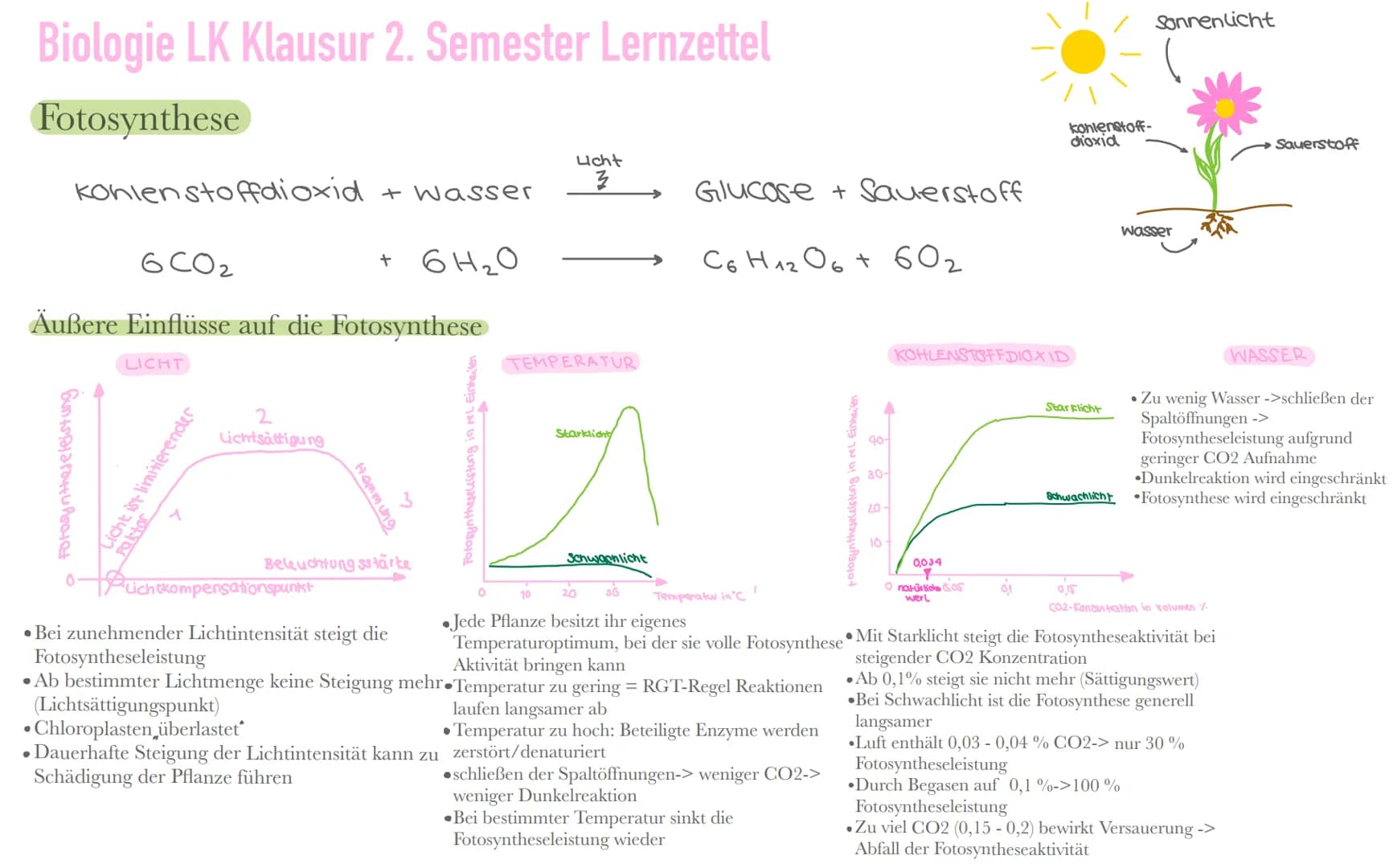 Biologie LK Klausur 2. Semester Lernzettel
Fotosynthese
+ wasser
6CO₂
+ 6H₂0
Äußere Einflüsse auf die Fotosynthese
Kohlenstoffdioxid
Fotosyn