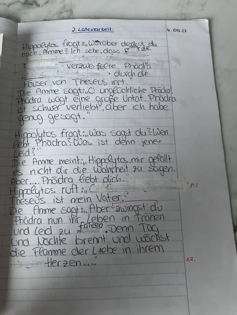 I 17.~ Ser gut
Sels
I 22 P/ 23 P. ~ sehr gut 6)
(a)
-7 sehr gut
Berichtigung der 2. Lateinarbeit:
Hippolytos ruft: Sie wird untergehen!
Thes