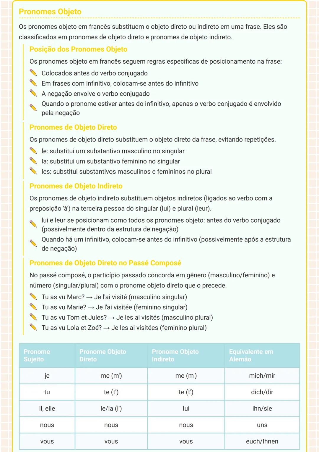 # Gramática Francesa # Pronomes Objeto
Os pronomes objeto em francês substituem o objeto direto ou indireto em uma frase. Eles são
classific