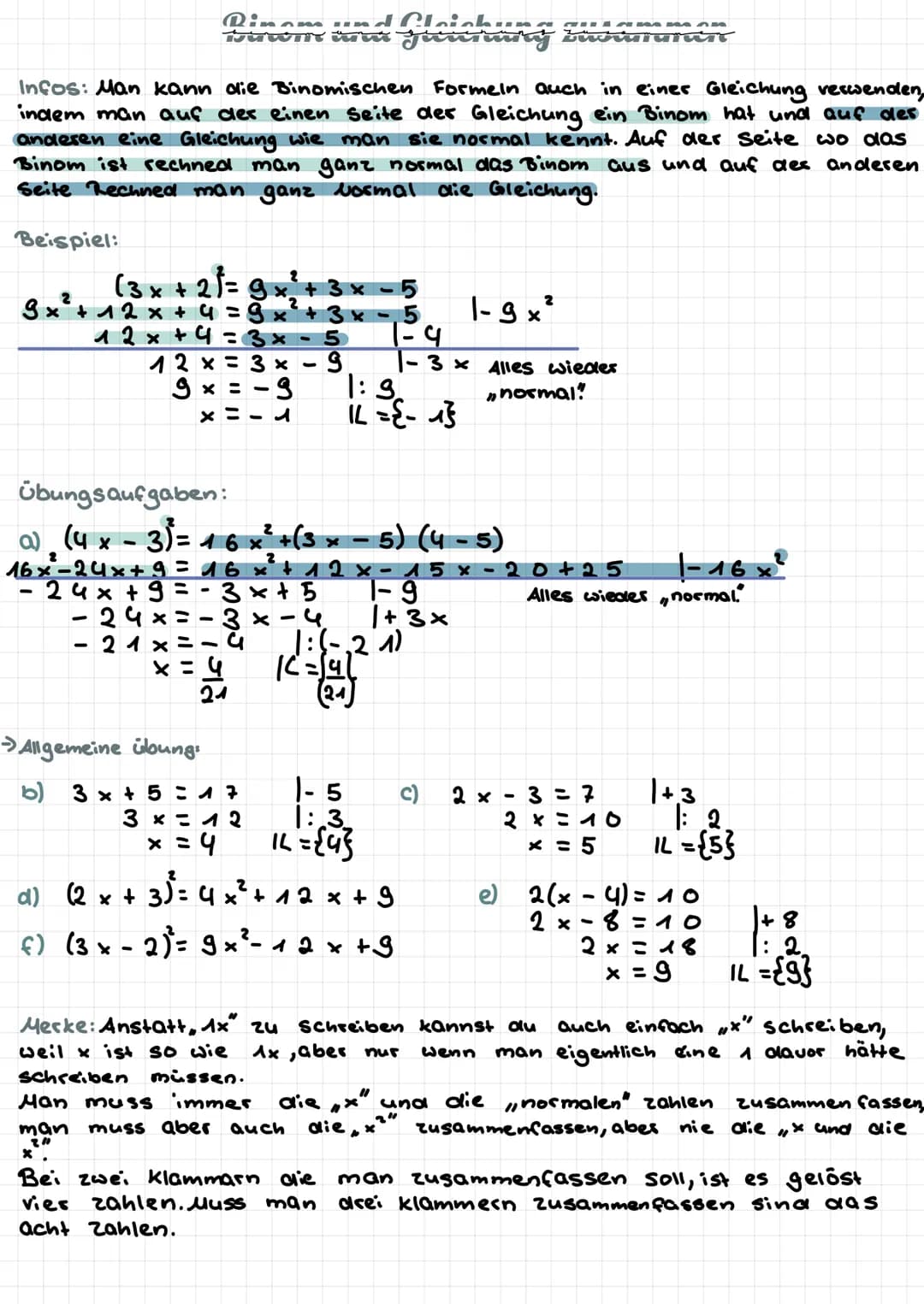 Rinomische Formaln
Erste Binomische Formel:
(a + b)= a² + 2ab + b²
Zweite Binomische Formel:
(a - b) = α² - 2ab + b²
Bedeutung Farben:
verei