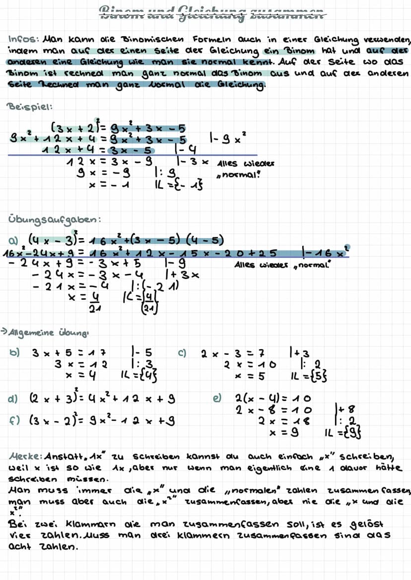 Rinomische Formaln
Erste Binomische Formel:
(a + b)= a² + 2ab + b²
Zweite Binomische Formel:
(a - b) = α² - 2ab + b²
Bedeutung Farben:
verei