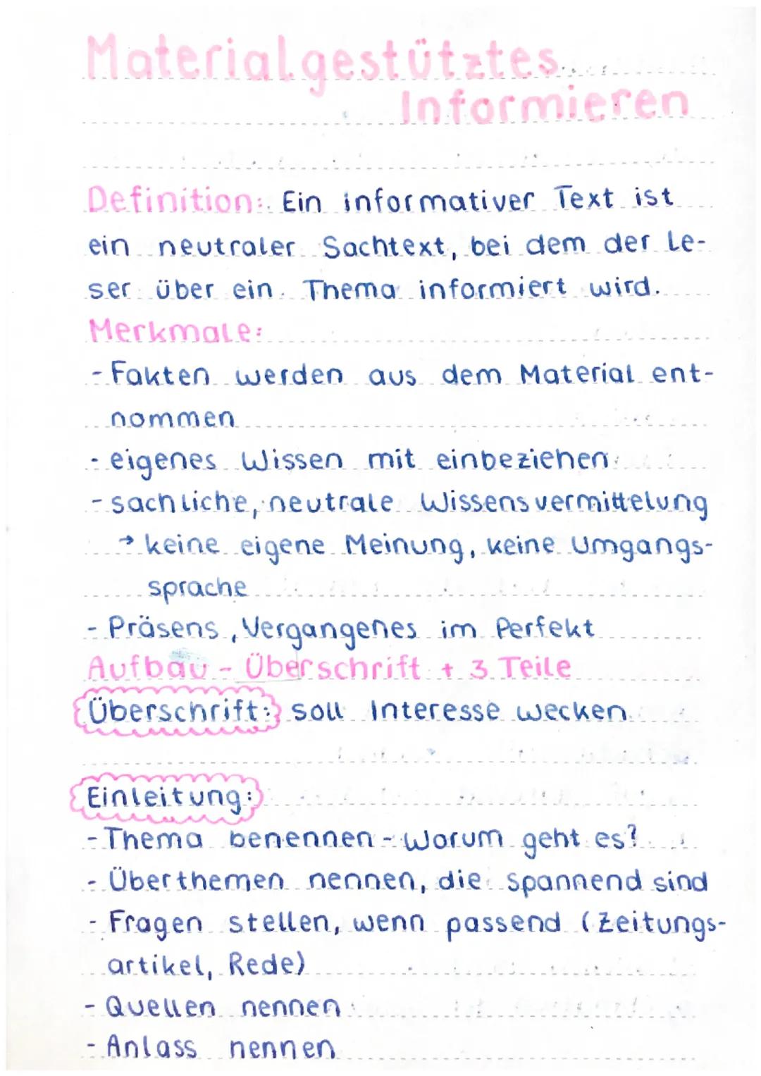 Materialgestütztes
Informieren

Definition. Ein informativer Text ist
ein neutraler Sachtext, bei dem der Le-
ser über ein. Thema informiert
