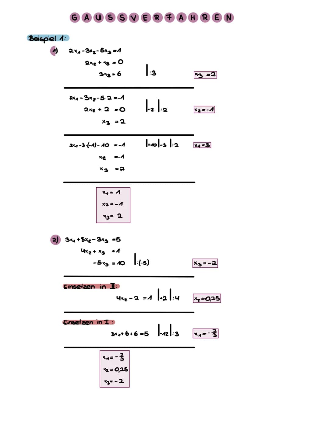 Beispiel 1:
GAU SVERFAHREN
2x1-3xz-5xs =4
2x₂ + x3 = 0
3x3 = 6
2x -3x₂-5-2=-1
2x2 + 2 = O
x3 = 2
21-3-(-1)-10 = -A
x2
x3 -2
x₁ = 1
x2 = -1
*
