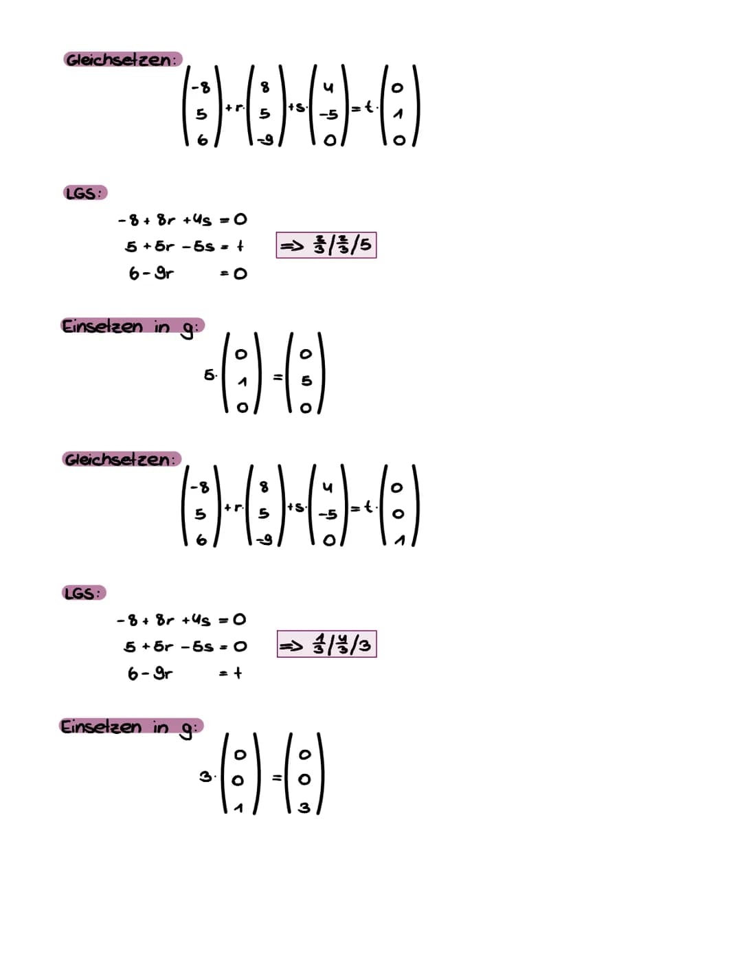 Beispiel 1:
GAU SVERFAHREN
2x1-3xz-5xs =4
2x₂ + x3 = 0
3x3 = 6
2x -3x₂-5-2=-1
2x2 + 2 = O
x3 = 2
21-3-(-1)-10 = -A
x2
x3 -2
x₁ = 1
x2 = -1
*