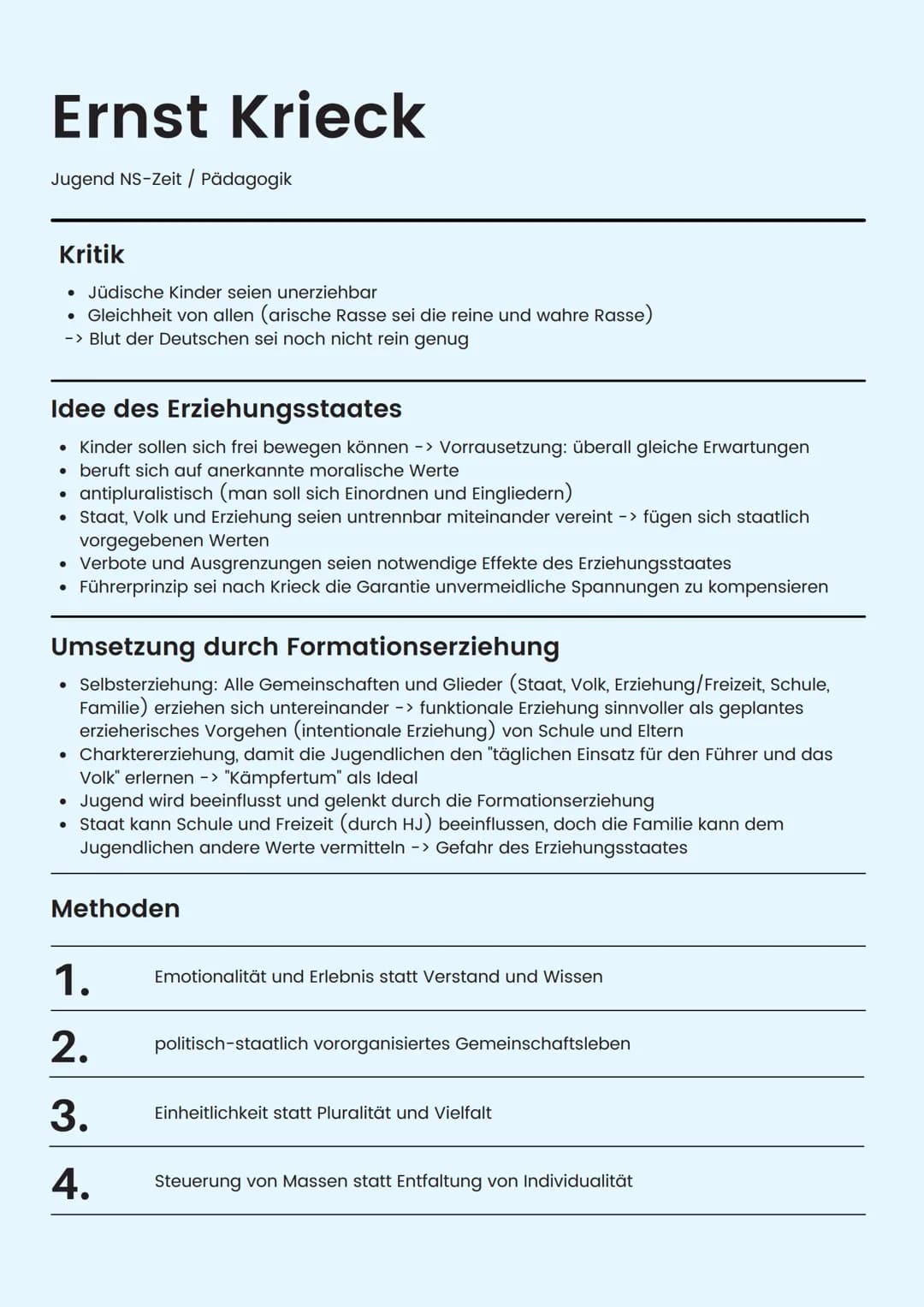 Hitler als Erzieher
Jugend NS-Zeit / Pädagogik
Prinzipien Hitlers
Führer-Gefolgschaftsprinzip
(Autorität und Gehorsam)
Prinzip des Rassenged