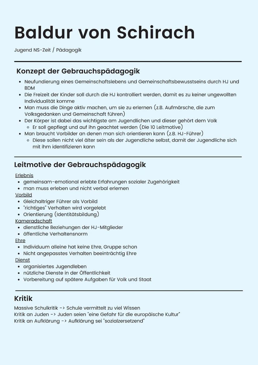 Hitler als Erzieher
Jugend NS-Zeit / Pädagogik
Prinzipien Hitlers
Führer-Gefolgschaftsprinzip
(Autorität und Gehorsam)
Prinzip des Rassenged