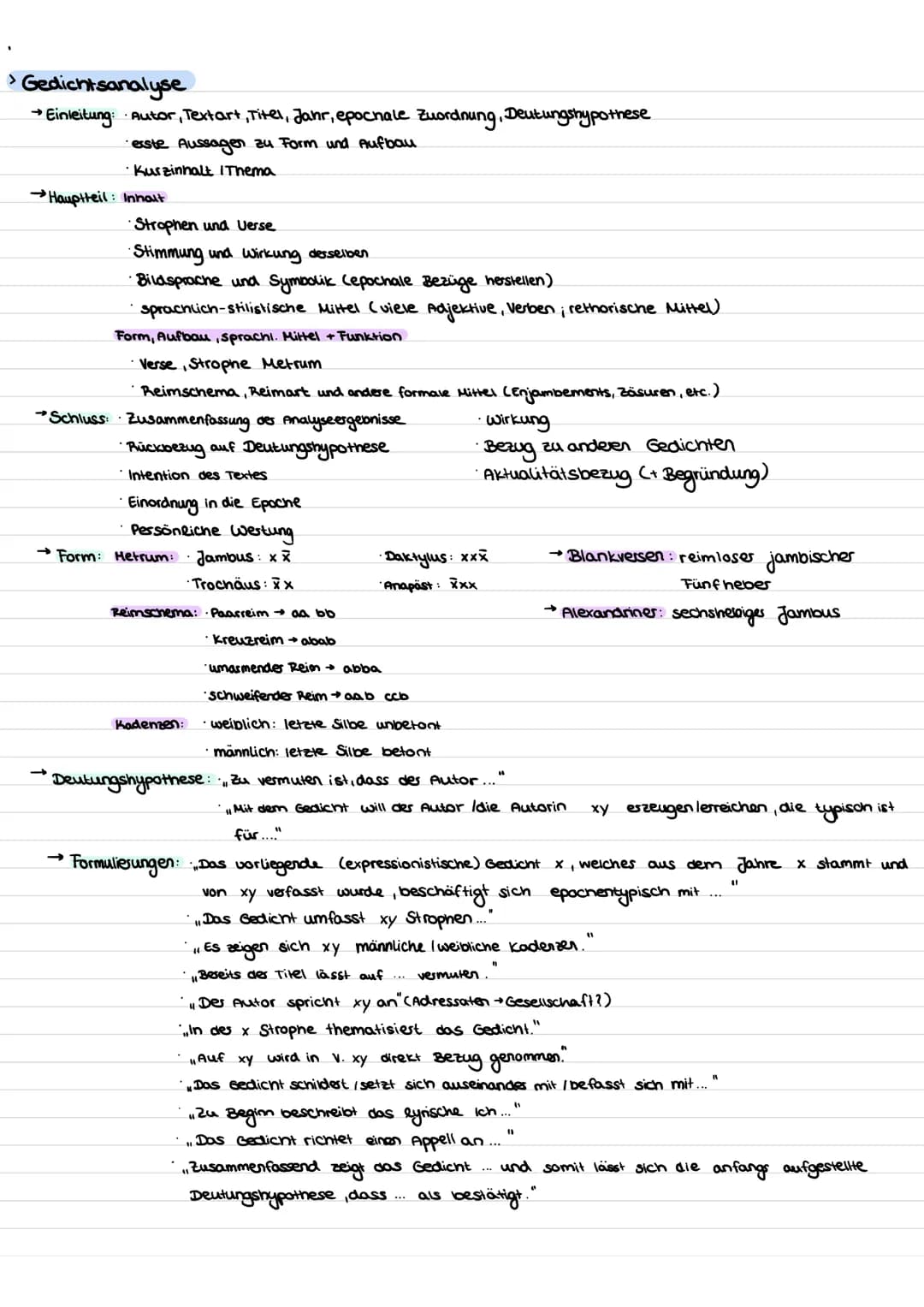 > Gedichtsanalyse
→ Einleitung: · Autor, Textart, Titel, Jahr, epocnale Zuordnung, Deutungshypothese
erste Aussagen zu Form und Aufbau
·Kurz