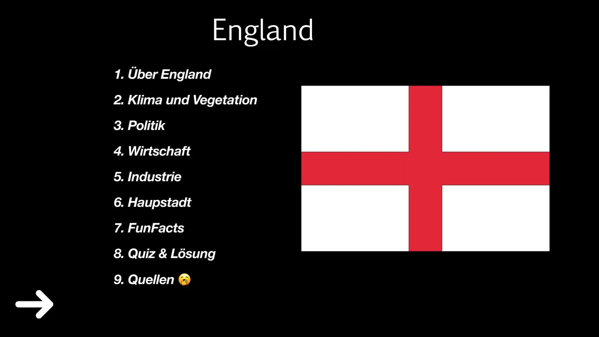 England
1. Über England
2. Klima und Vegetation
3. Politik
4. Wirtschaft
5. Industrie
6. Haupstadt
7. FunFacts
8. Quiz & Lösung
9. Quellen ●