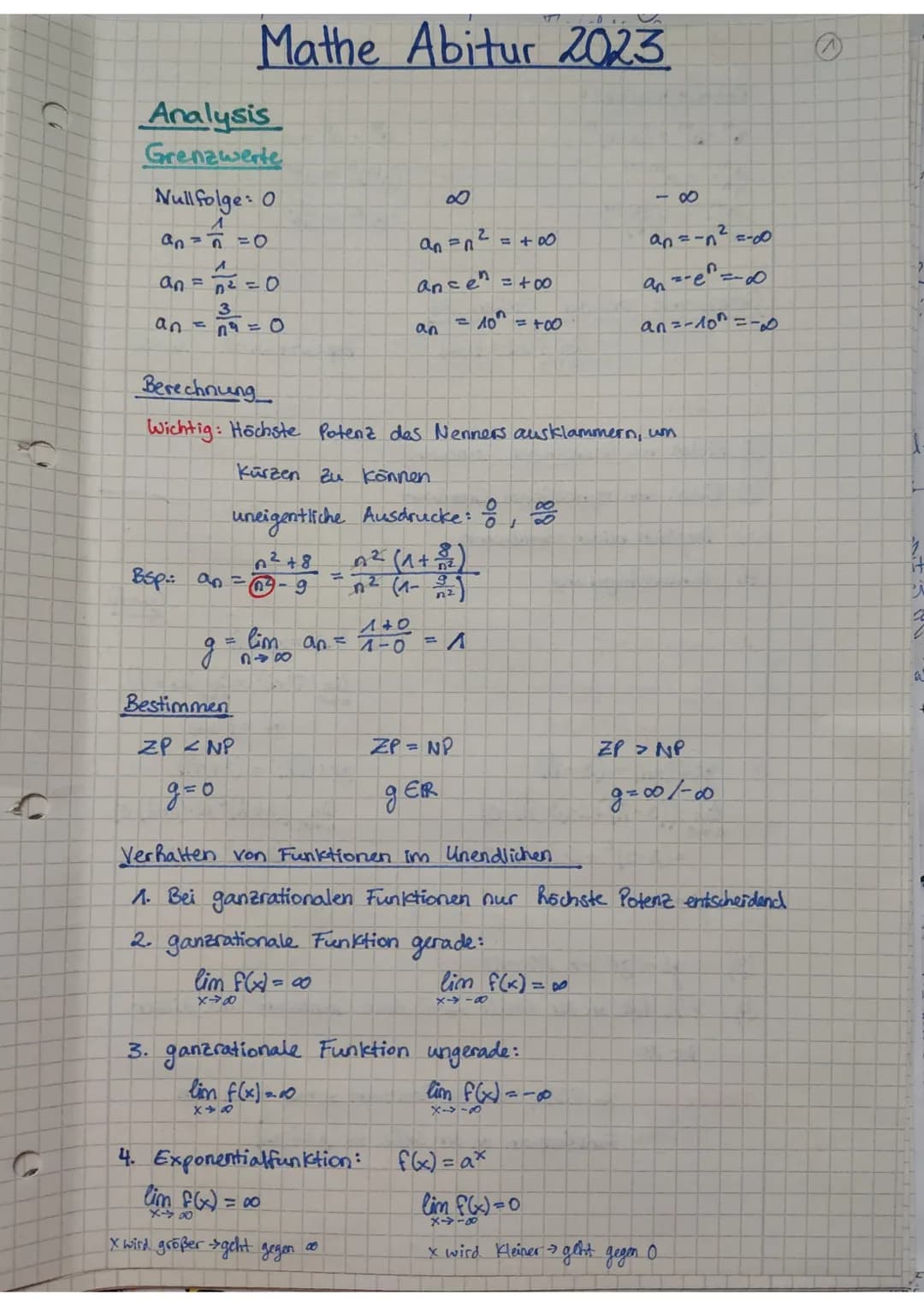 C
Analysis
Grenzwerte
Nullfolge: 0
^
an=ñ = 0
Mathe Abitur 2023
^
an = 7² = 0
3
an = 19 = 0
g
Bestimmen
ZPNP
g=0
+8
Bsp.: an = 63²-43² = 2² 