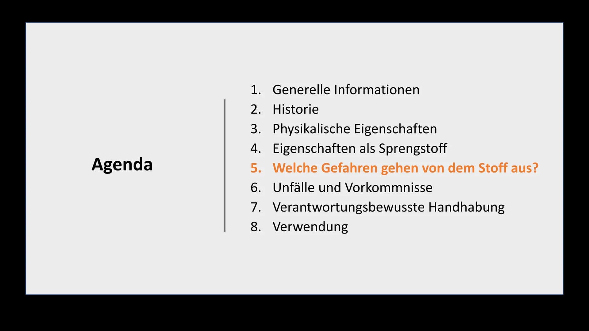 TNT
Klasse 10a Agenda
1. Generelle Informationen
2.
Historie
3. Physikalische Eigenschaften
4. Eigenschaften als Sprengstoff
5. Welche Gefah