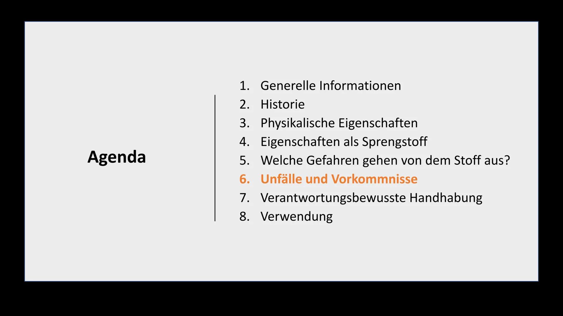 TNT
Klasse 10a Agenda
1. Generelle Informationen
2.
Historie
3. Physikalische Eigenschaften
4. Eigenschaften als Sprengstoff
5. Welche Gefah