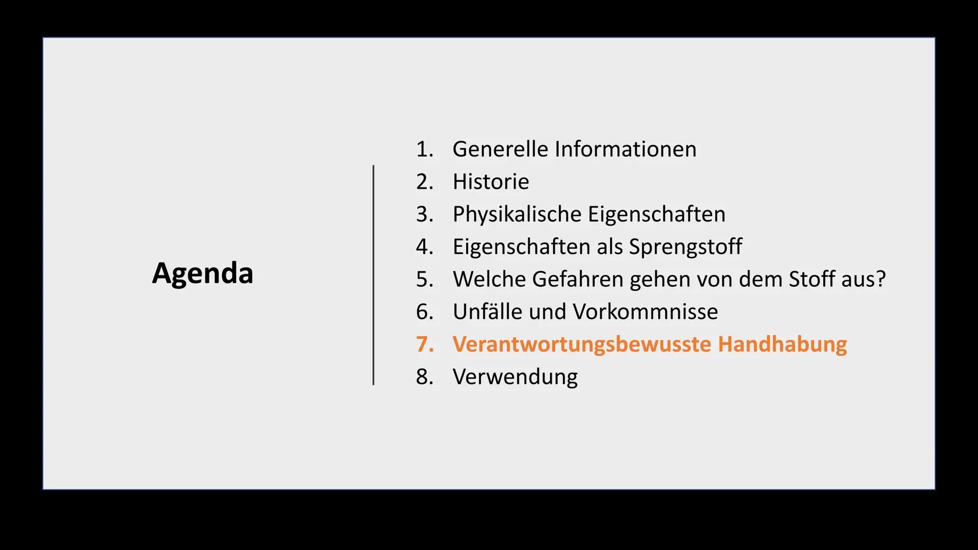 TNT
Klasse 10a Agenda
1. Generelle Informationen
2.
Historie
3. Physikalische Eigenschaften
4. Eigenschaften als Sprengstoff
5. Welche Gefah