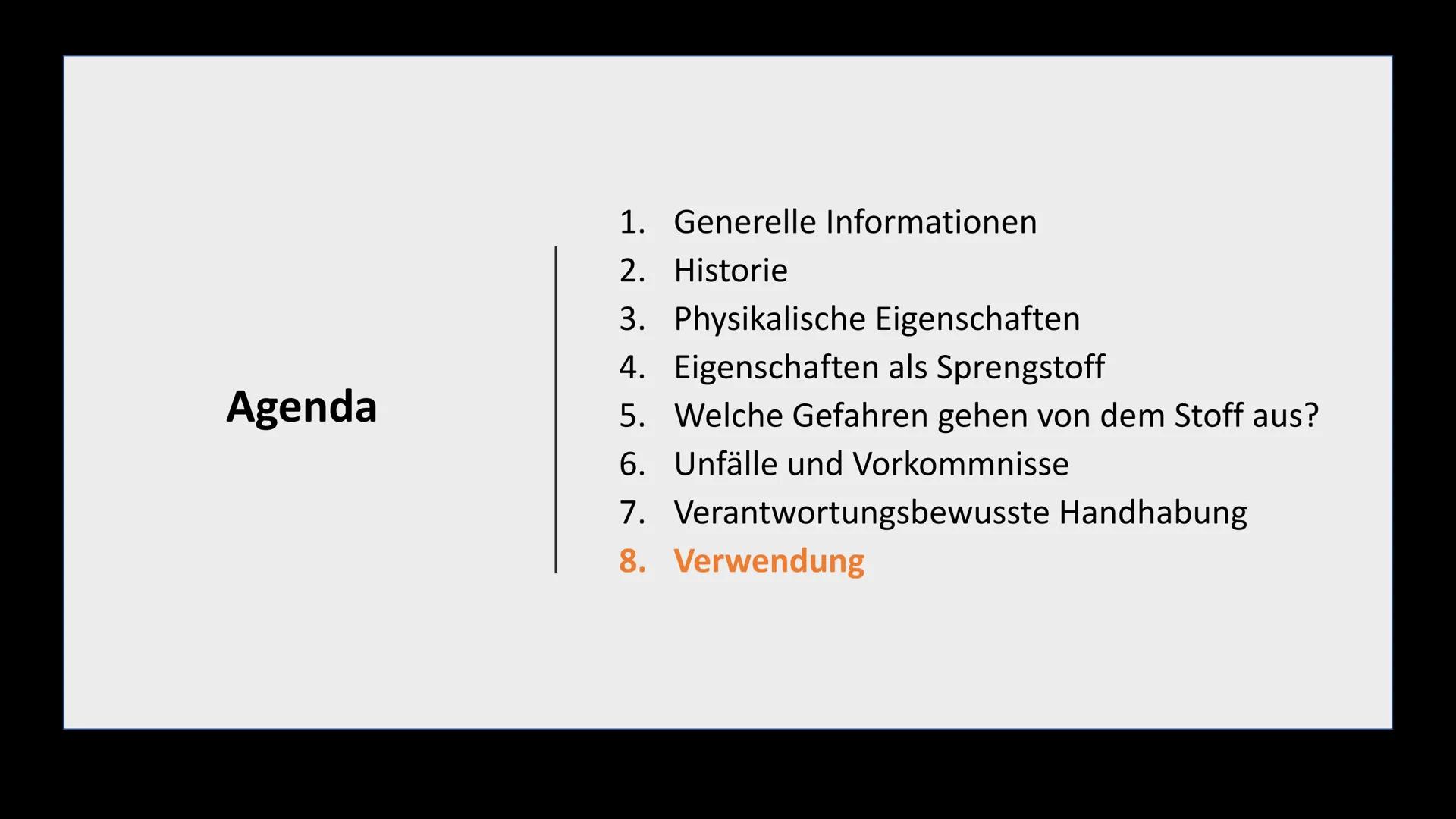 TNT
Klasse 10a Agenda
1. Generelle Informationen
2.
Historie
3. Physikalische Eigenschaften
4. Eigenschaften als Sprengstoff
5. Welche Gefah