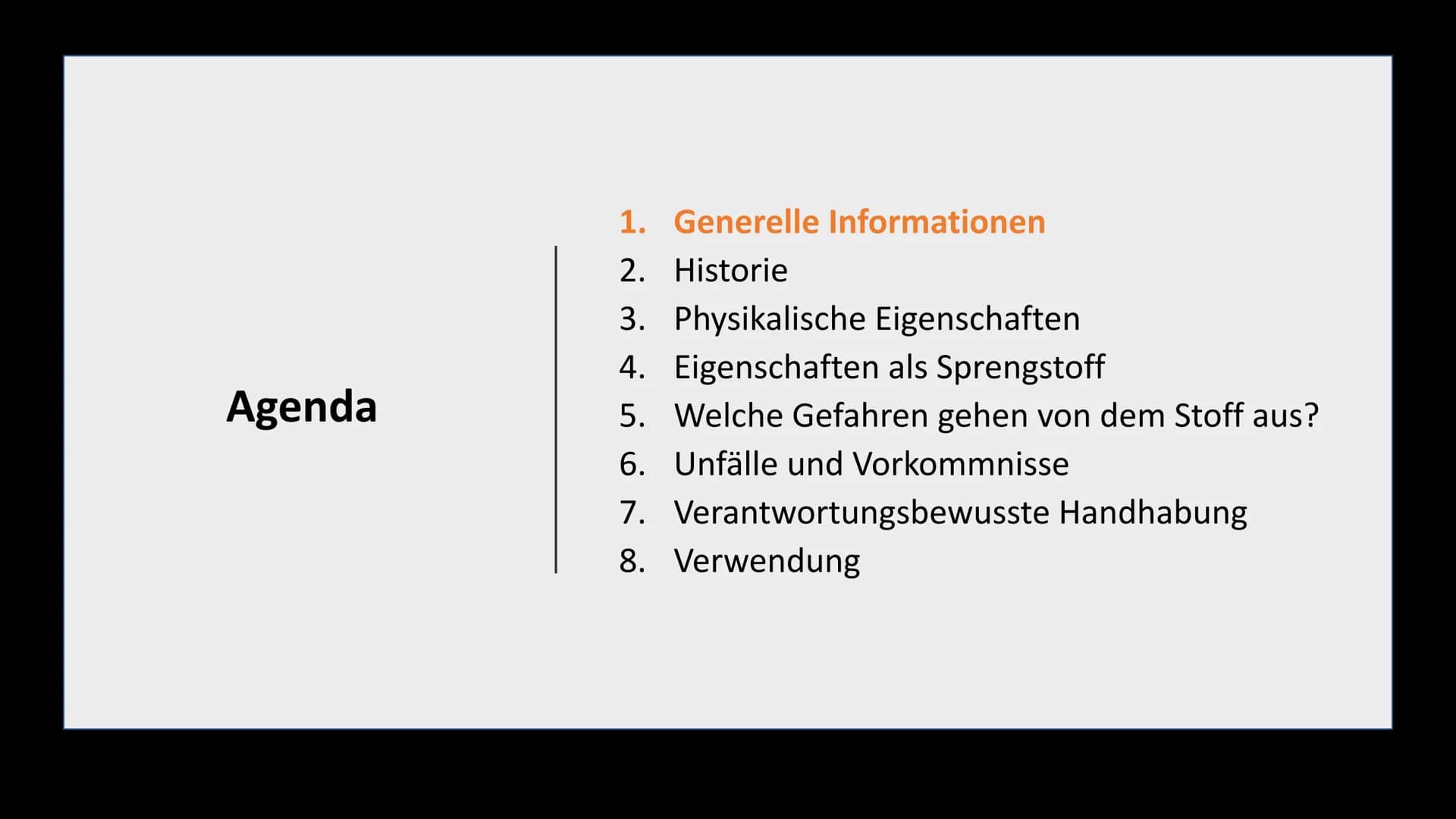 TNT
Klasse 10a Agenda
1. Generelle Informationen
2.
Historie
3. Physikalische Eigenschaften
4. Eigenschaften als Sprengstoff
5. Welche Gefah