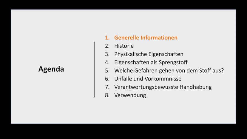 TNT
Klasse 10a Agenda
1. Generelle Informationen
2.
Historie
3. Physikalische Eigenschaften
4. Eigenschaften als Sprengstoff
5. Welche Gefah
