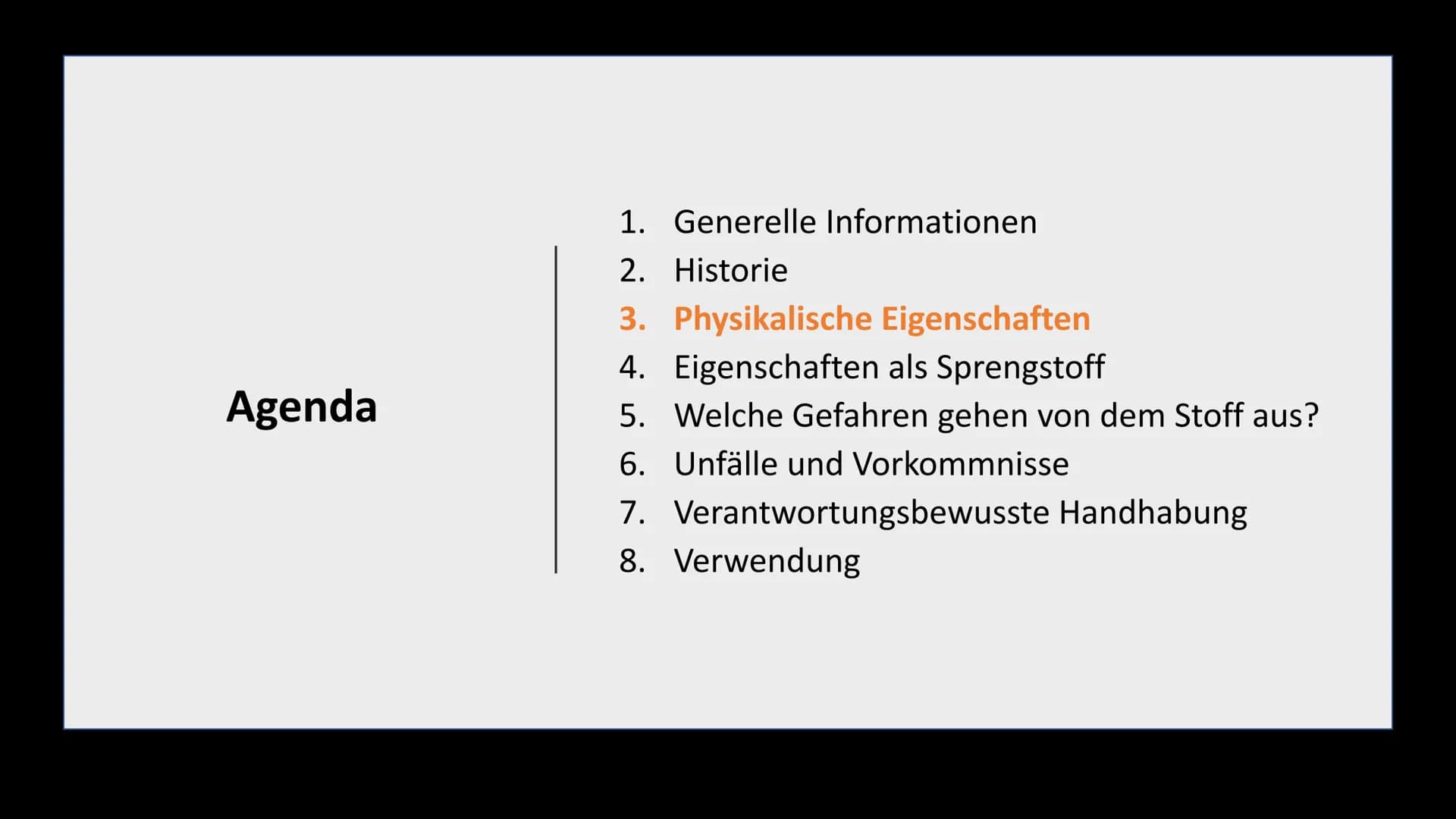 TNT
Klasse 10a Agenda
1. Generelle Informationen
2.
Historie
3. Physikalische Eigenschaften
4. Eigenschaften als Sprengstoff
5. Welche Gefah