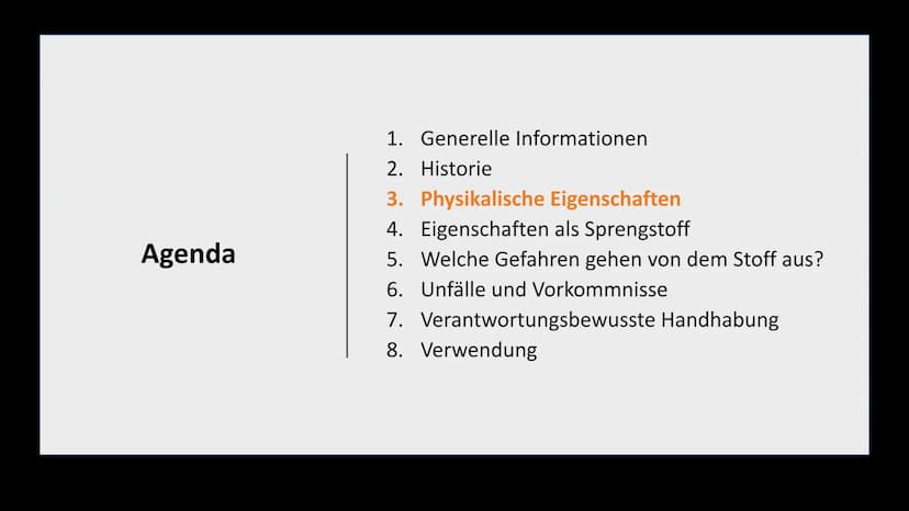TNT
Klasse 10a Agenda
1. Generelle Informationen
2.
Historie
3. Physikalische Eigenschaften
4. Eigenschaften als Sprengstoff
5. Welche Gefah