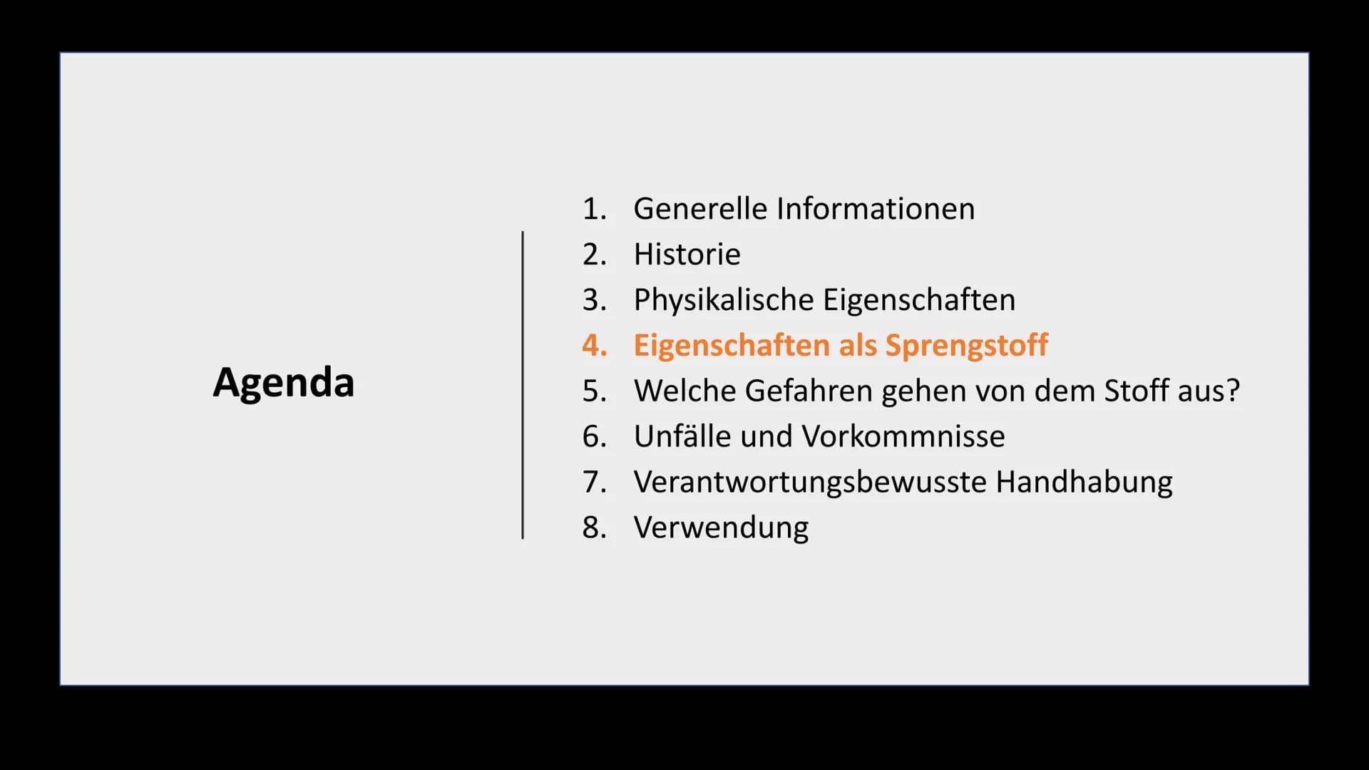 TNT
Klasse 10a Agenda
1. Generelle Informationen
2.
Historie
3. Physikalische Eigenschaften
4. Eigenschaften als Sprengstoff
5. Welche Gefah