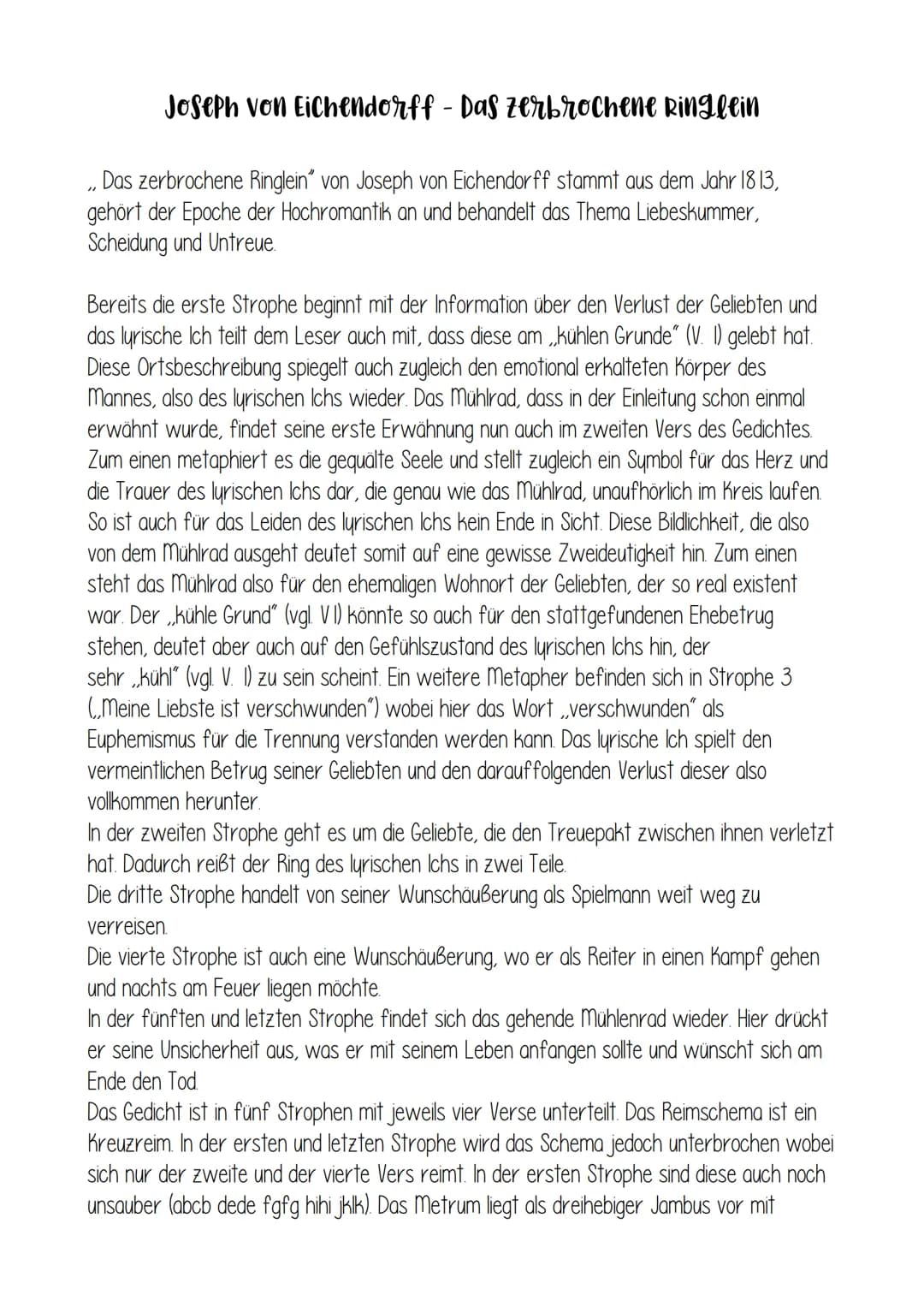 Day zerbrochene Ringlein
ALLGEMEINES:
- Liebesgedicht von Joseph von Eichendorff
- erschien im Jahr 1813
- aus der Epoche der Romantik
FORMA