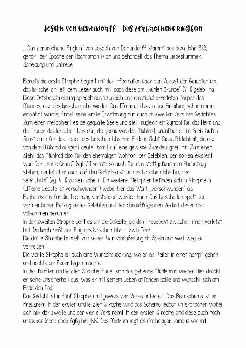 Day zerbrochene Ringlein
ALLGEMEINES:
- Liebesgedicht von Joseph von Eichendorff
- erschien im Jahr 1813
- aus der Epoche der Romantik
FORMA