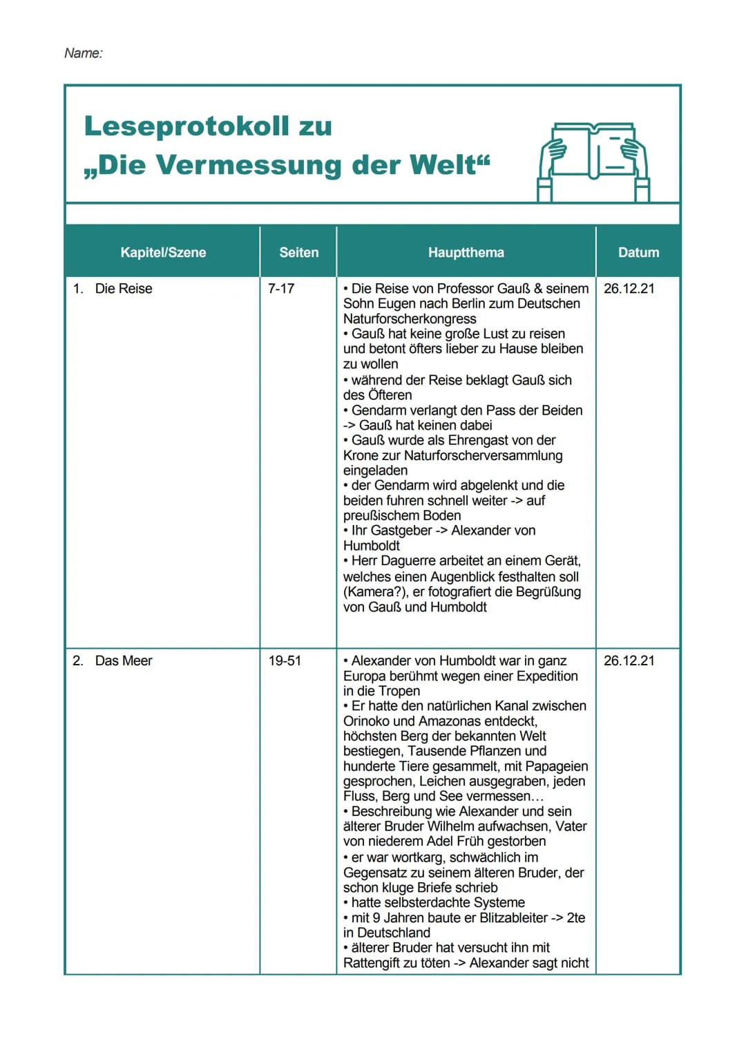 Name:
Leseprotokoll zu
Die Vermessung der Welt"
Kapitel/Szene
1. Die Reise
2. Das Meer
Seiten
7-17
19-51
B
Hauptthema
• Die Reise von Profes