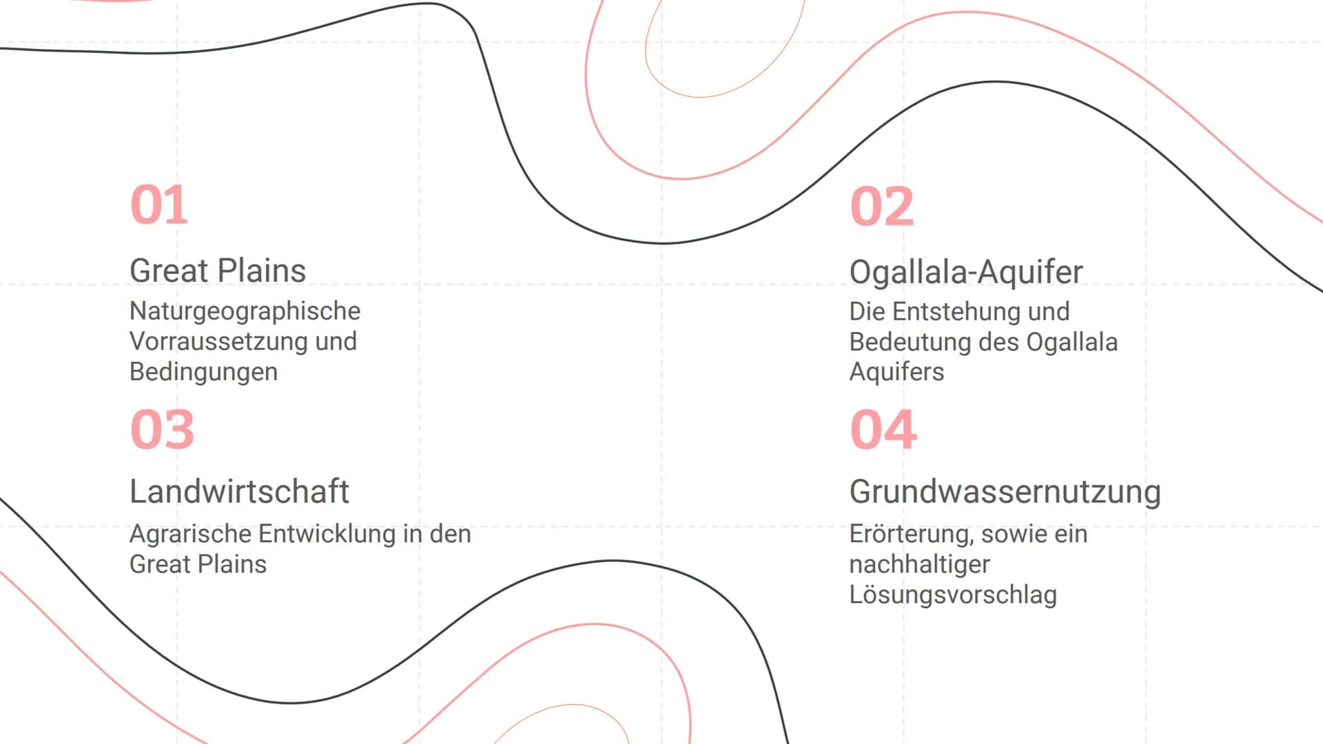 Great Plains:
Der Ogallala-Aquifer
Eine Präsentation von Piet und Tom 01
Great Plains
Naturgeographische
Vorraussetzung und
Bedingungen
03
L