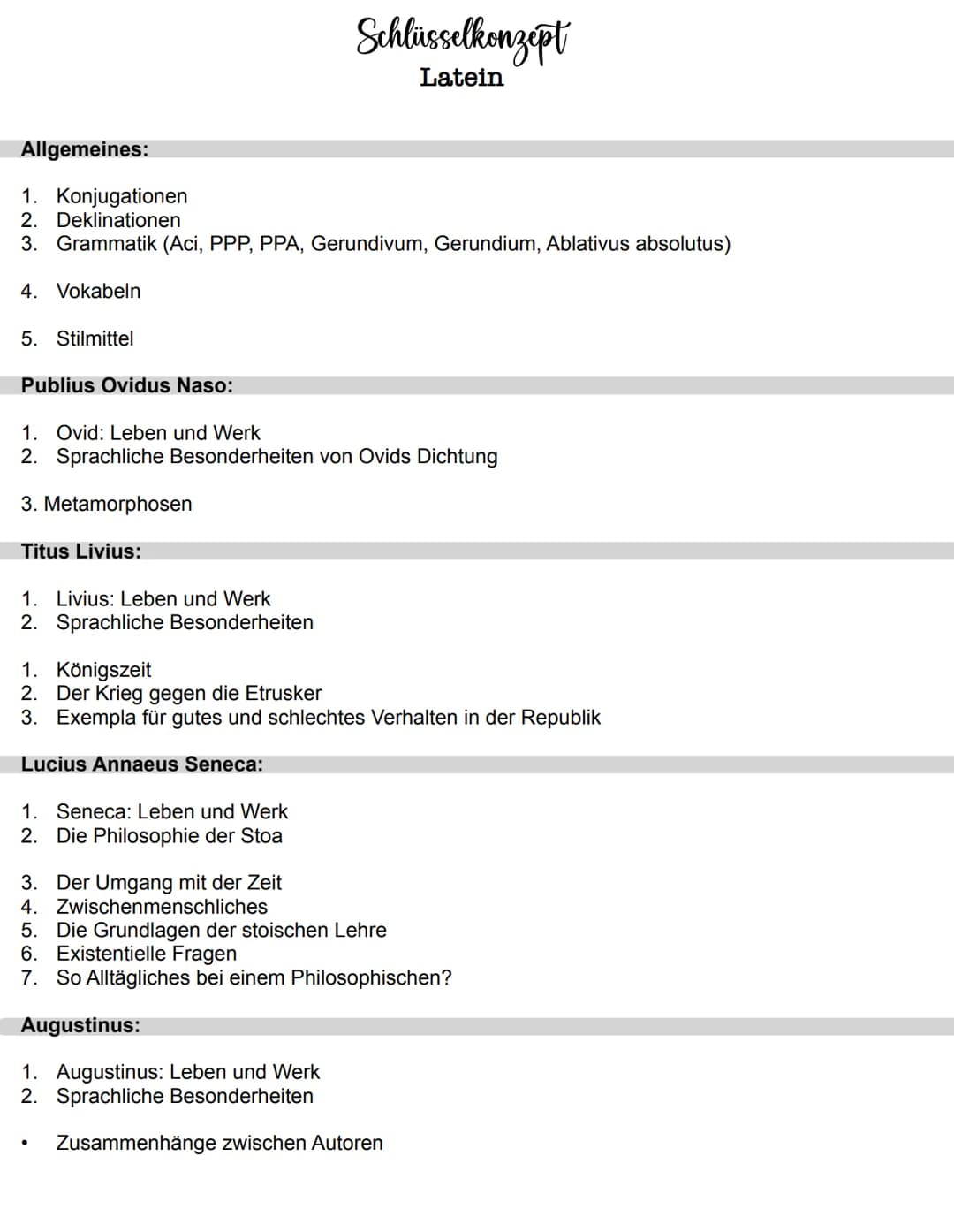 Allgemeines:
1. Konjugationen
2. Deklinationen
3. Grammatik (Aci, PPP, PPA, Gerundivum, Gerundium, Ablativus absolutus)
4. Vokabeln
5. Stilm