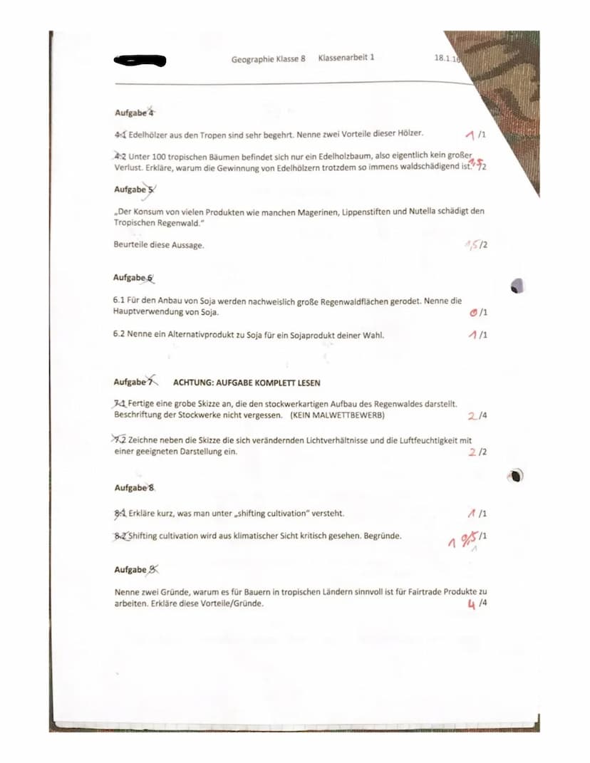Name: Chantale
viel Erfolg
Geographie Klasse 8 Klassenarbeit 1
Punkte: 21,5
Tropischer Regenwald
Aufgabe
Trage in die Karte den tropischen R