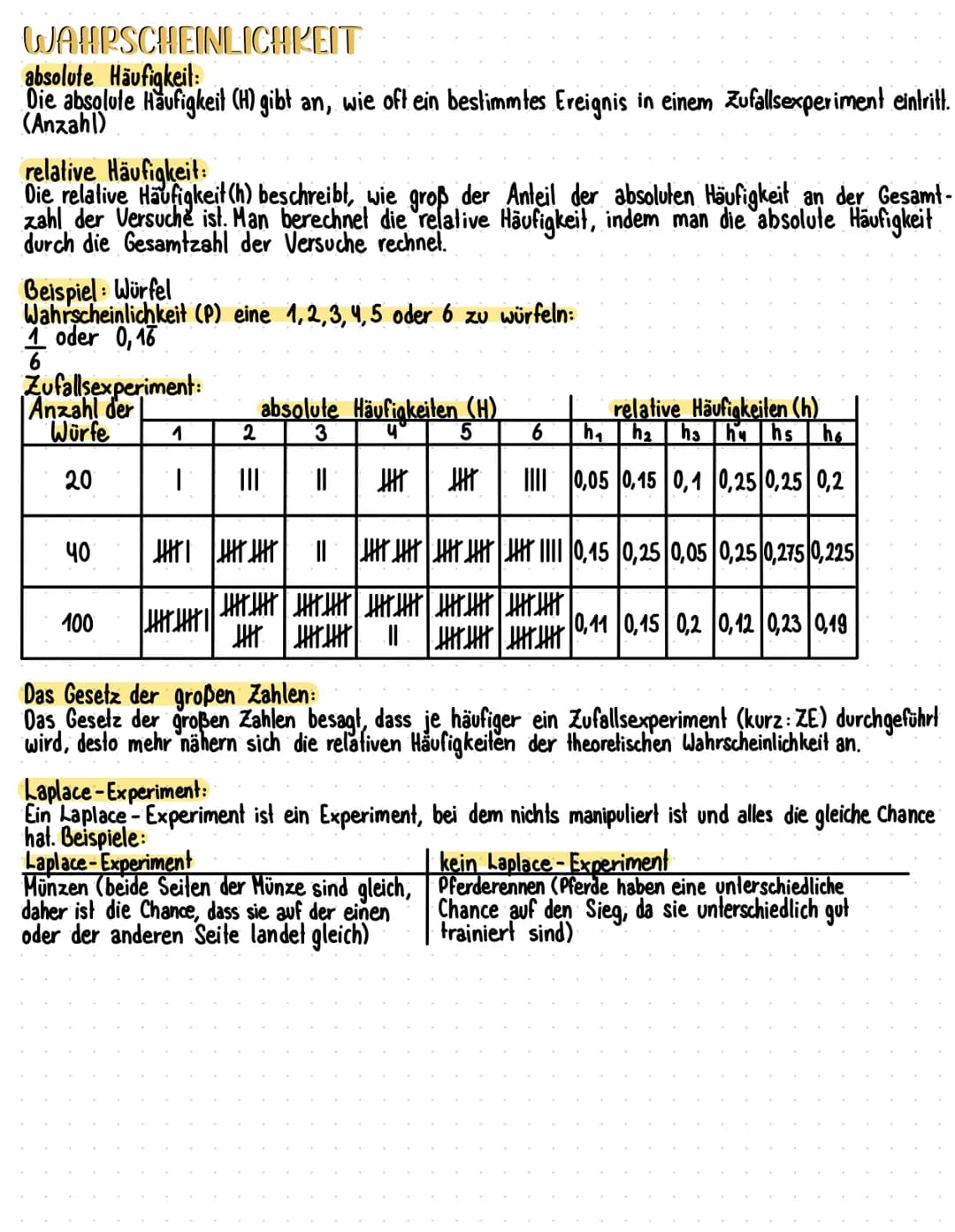 WAHRSCHEINLICHKEIT
absolute Häufigkeit:
Die absolute Häufigkeit (H) gibt an, wie oft ein bestimmtes Ereignis in einem Zufallsexperiment eint