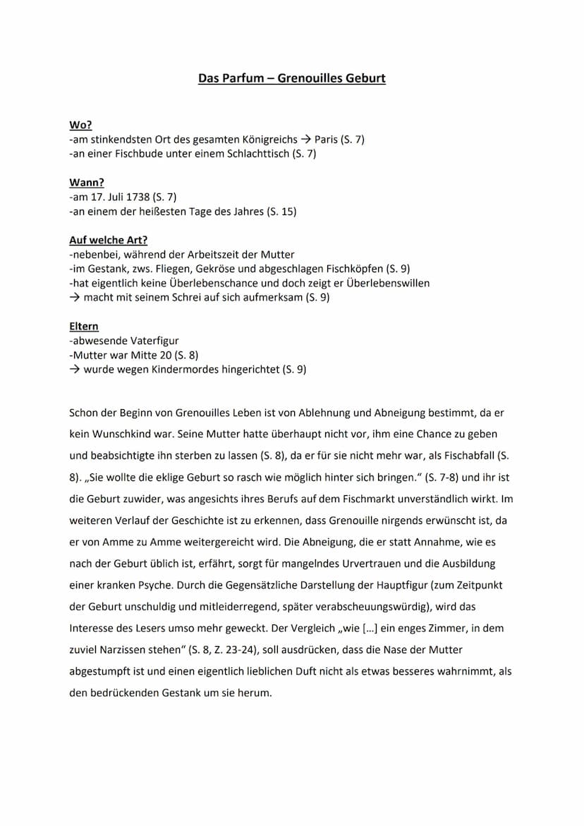 Charakter-Verlauf des Grenouille
Bei Mme Gaillard blieb er, bis er 8 Jahre alt war:
Charakter:
-benötigt keine Liebe, Zuneigung (S.28) → gef