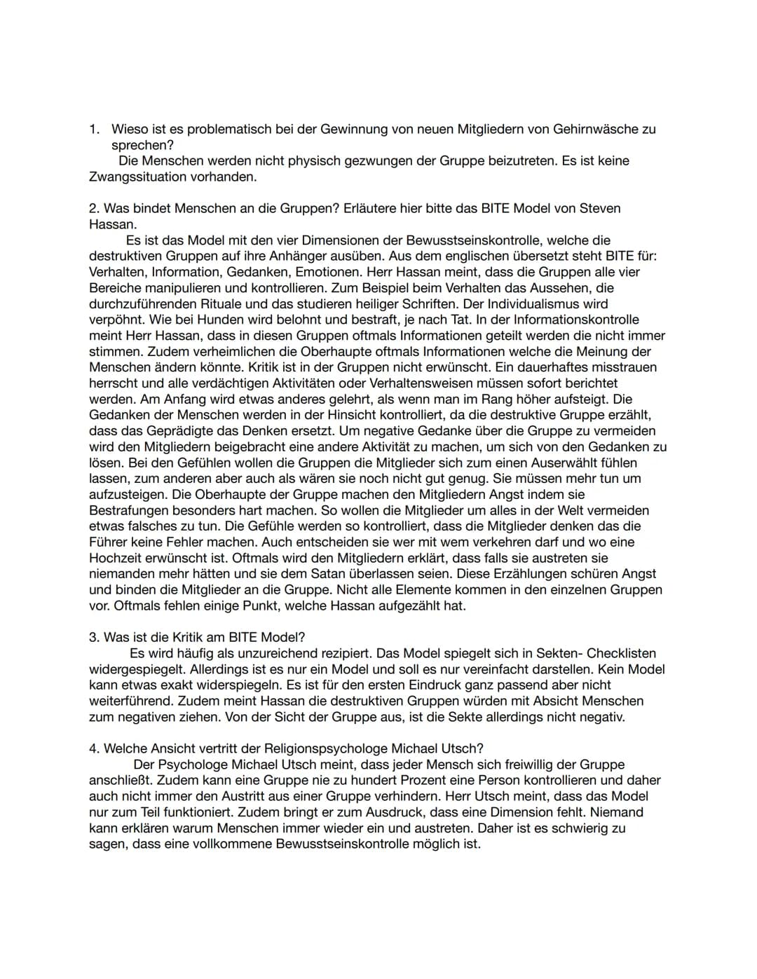 1. Wieso ist es problematisch bei der Gewinnung von neuen Mitgliedern von Gehirnwäsche zu
sprechen?
Die Menschen werden nicht physisch gezwu