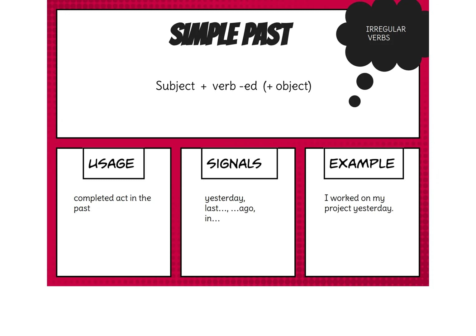 USAGE
completed act in the
past
SIMPLE PAST
Subject + verb-ed (+ object)
SIGNALS
yesterday,
last..., ...ago,
in...
IRREGULAR
VERBS
EXAMPLE
I