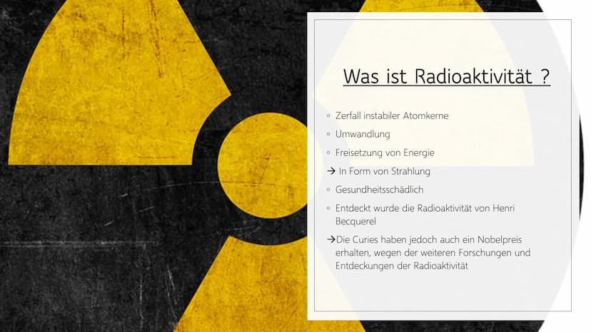 Geiger-Müller-Zählrohr
...
.. O
Allgemeine Information
Erklärung von Radioaktivität
Aufbau vom Geiger-Müller-Zählrohr
• Funktionsweise
• Unt
