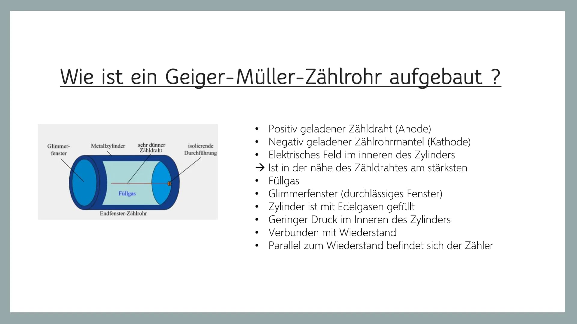 Geiger-Müller-Zählrohr
...
.. O
Allgemeine Information
Erklärung von Radioaktivität
Aufbau vom Geiger-Müller-Zählrohr
• Funktionsweise
• Unt