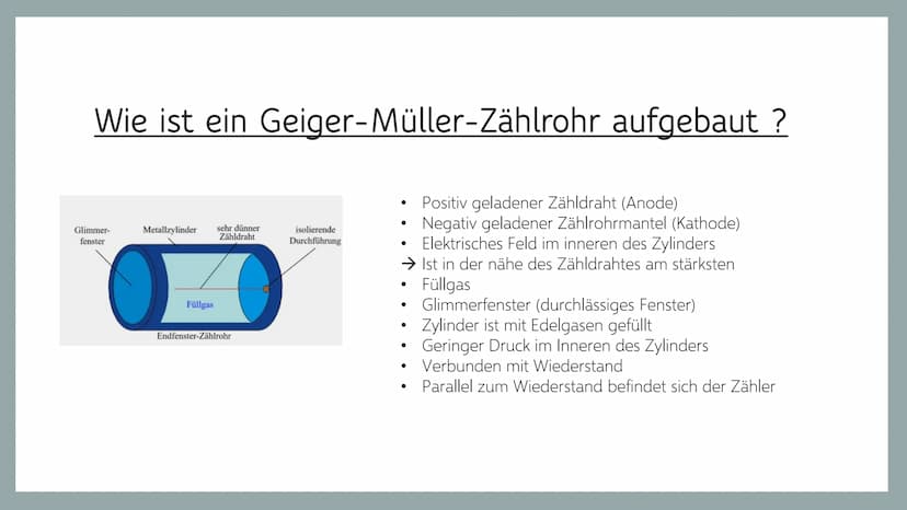 Geiger-Müller-Zählrohr
...
.. O
Allgemeine Information
Erklärung von Radioaktivität
Aufbau vom Geiger-Müller-Zählrohr
• Funktionsweise
• Unt