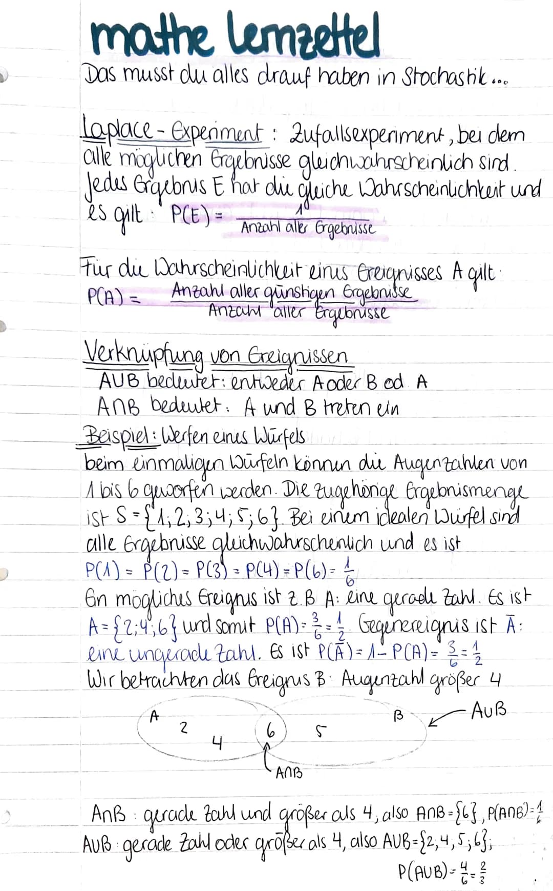 mathe Lernzettel
Das musst du alles drauf haben in Stochastik...
Laplace-Experiment: Zufallsexperiment, bei dem
alle möglichen Ergebnisse gl