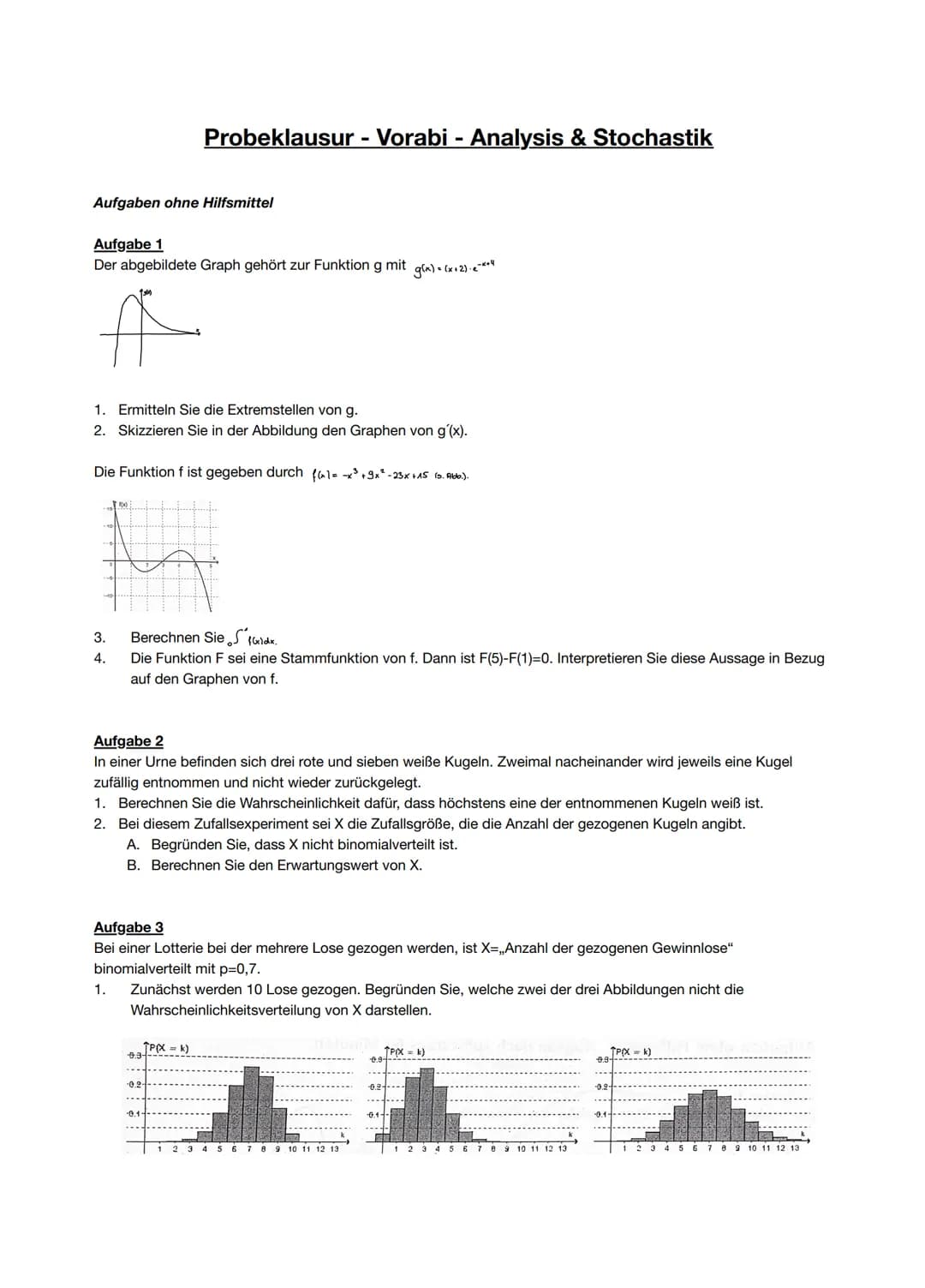 Aufgaben ohne Hilfsmittel
Aufgabe 1
Der abgebildete Graph gehört zur Funktion g mit
3.
4.
1309
1. Ermitteln Sie die Extremstellen von g.
2. 