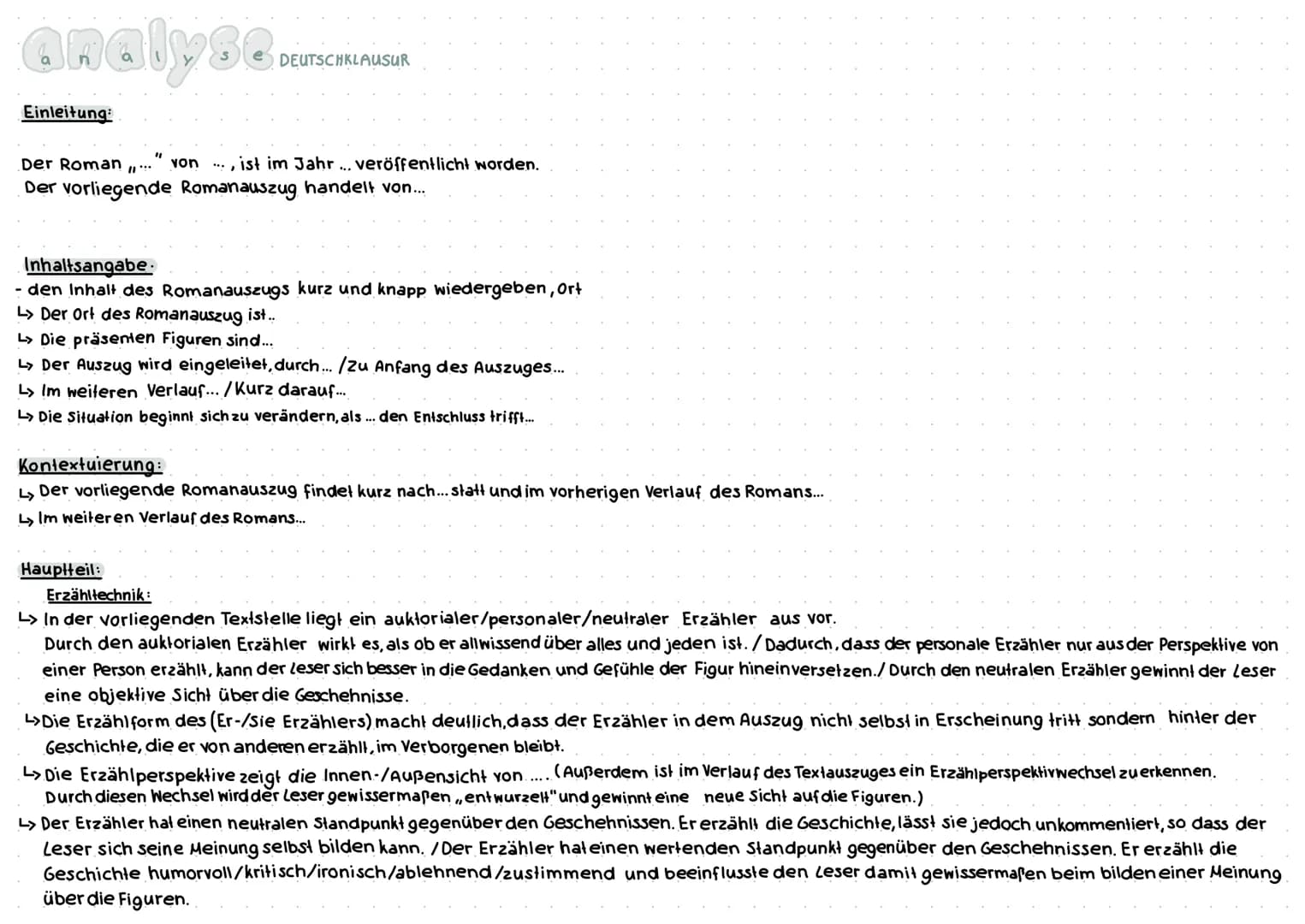 analyse
Einleitung:
DEUTSCHKLAUSUR
Der Roman,..." von ..., ist im Jahr ... veröffentlicht worden.
Der vorliegende Romanauszug handelt von...
