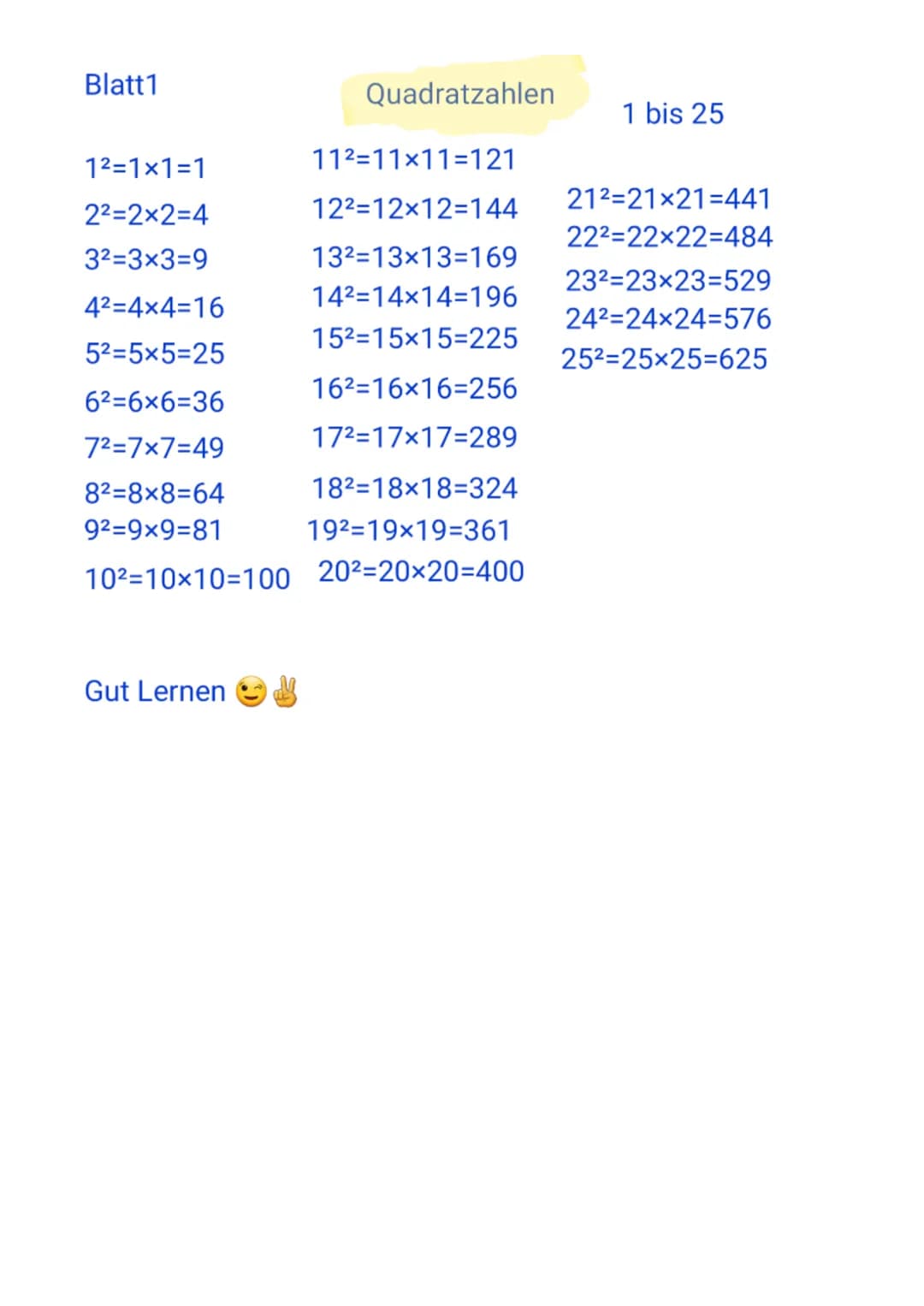 Blatt 1
1²=1x1=1
2²=2x2=4
3²=3×3=9
4²-4x4-16
52=5x5=25
6²-6x6=36
7²=7x7=49
8²-8x8=64
9²=9x9=81
Quadratzahlen
Gut Lernen
11²-11x11-121
12² 12