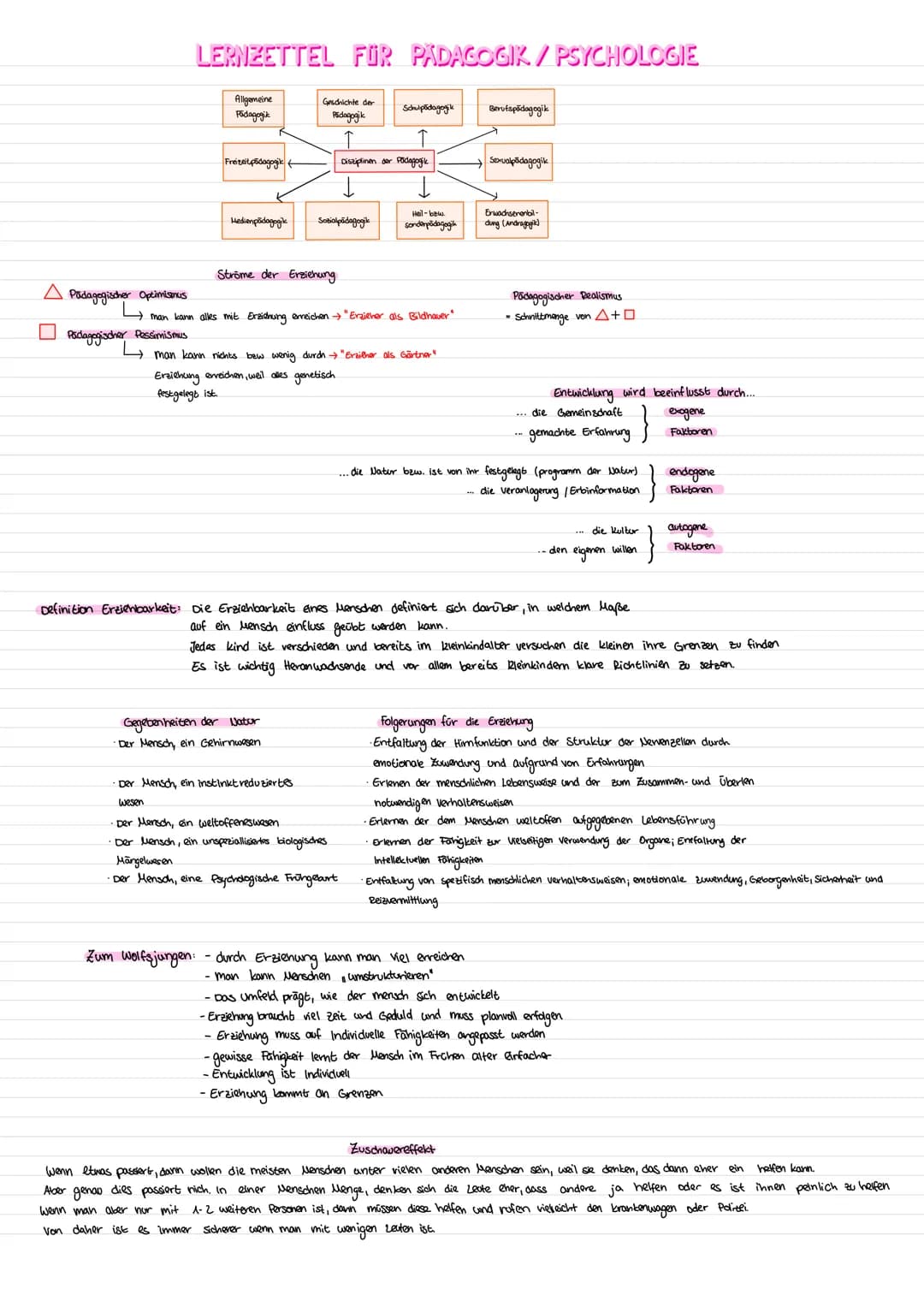 LERNZETTEL FÜR PÄDAGOGIK/PSYCHOLOGIE
Definition Psychologie → Psychologie ist die Wissenschaft des Verhalten und erleben (eines Menschen)
Er